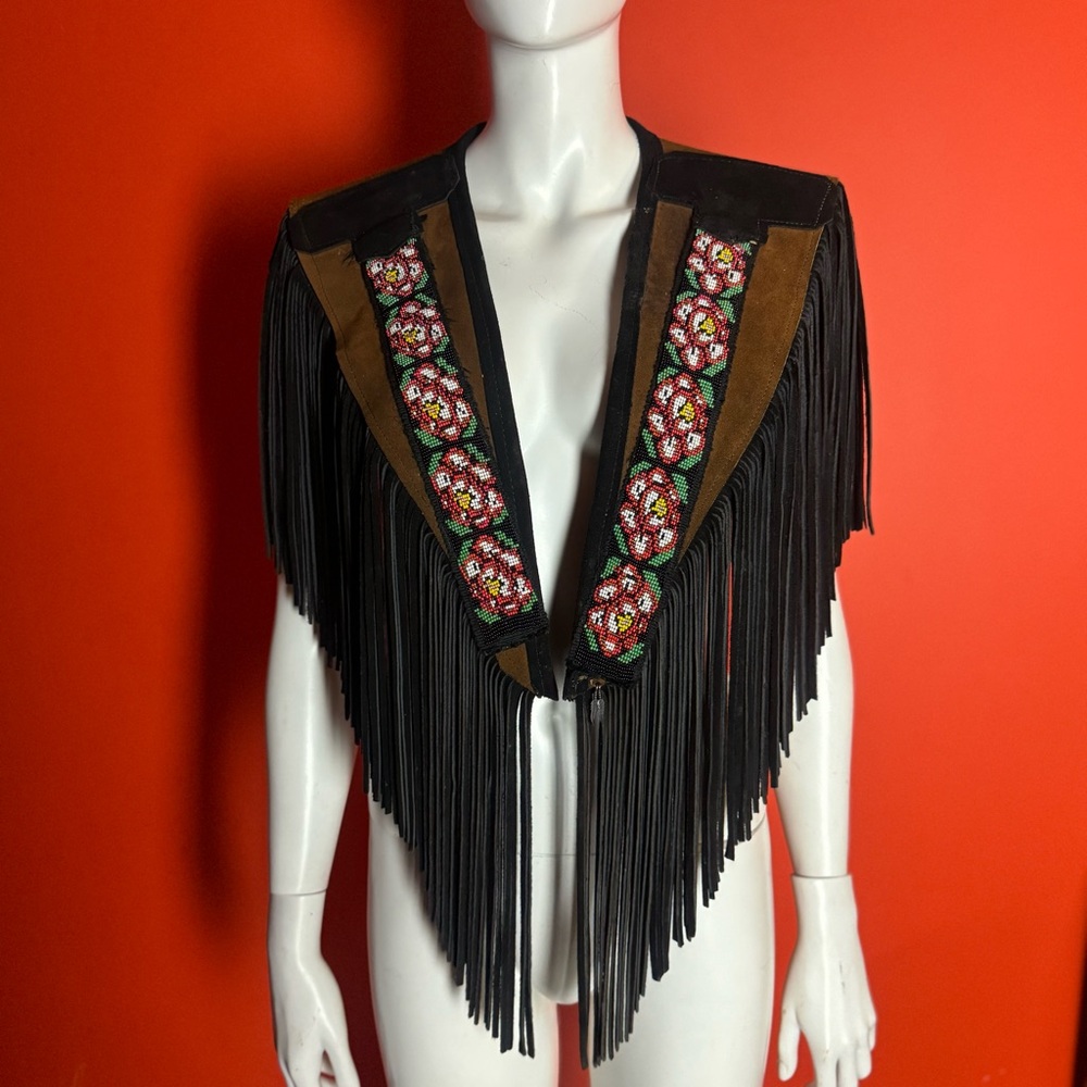 Boho western embroidered leather suede fringe jacket with floral details